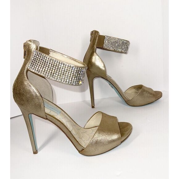 Betsey Johnson Formal Heels Rhinestone Ankle Strap Stiletto Gold Prom Wedding 9M - Picture 12 of 15